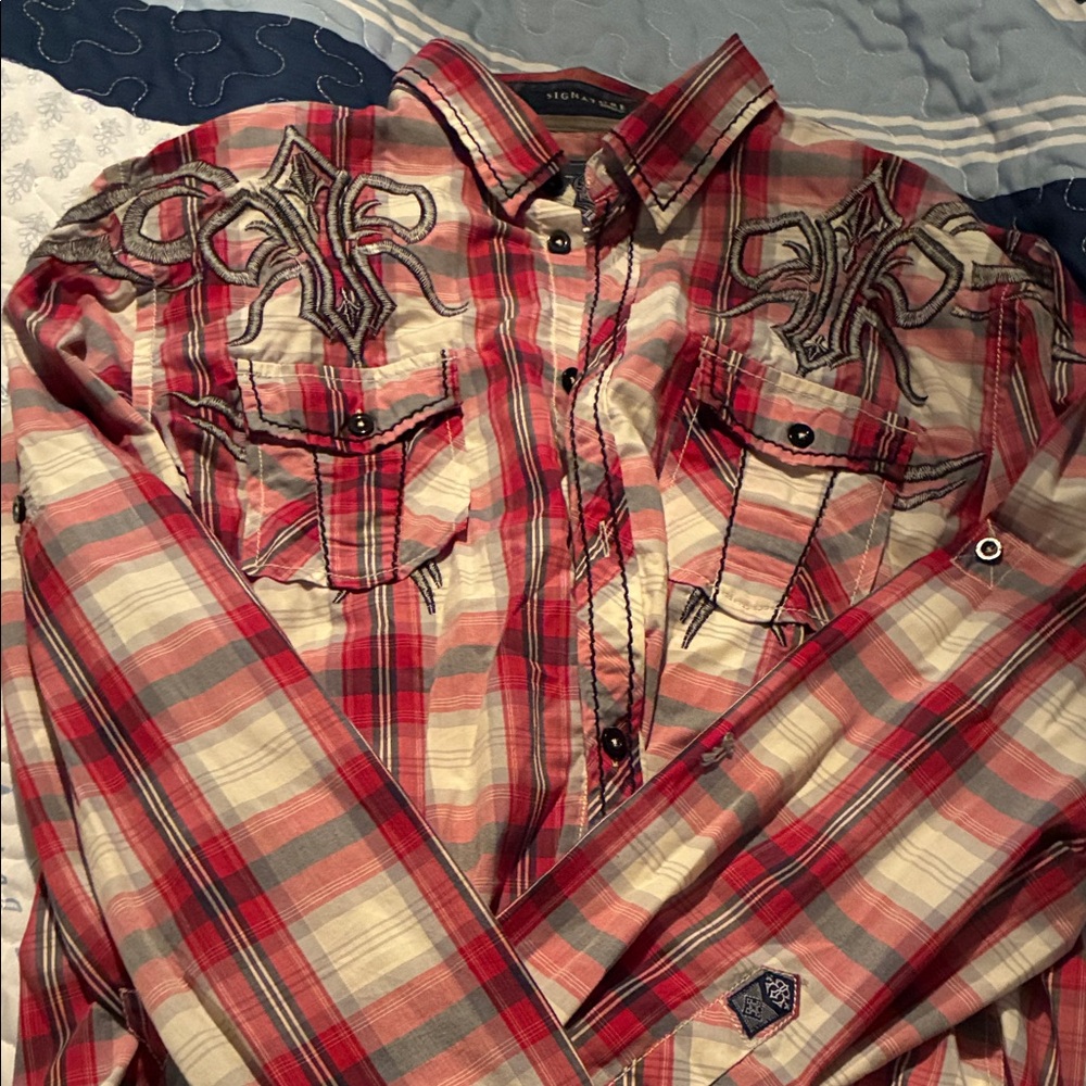 Roar Red and Cream Plaid Shirt with Embroidery